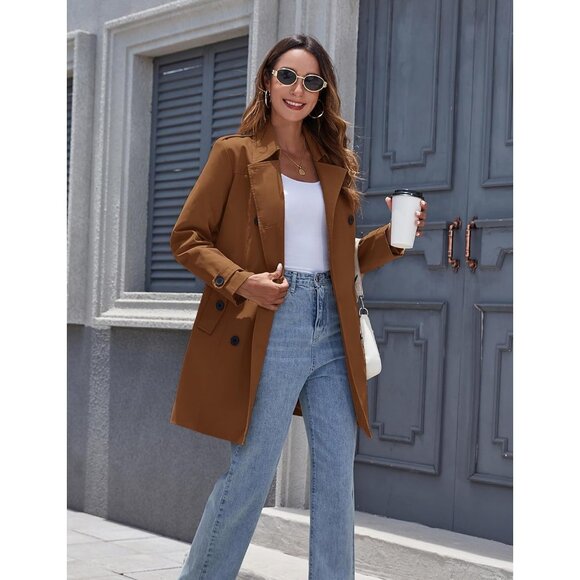 Women's Caramel Waterproof Trench Coat with Classic Lapel and Belted Design - Picture 4 of 6